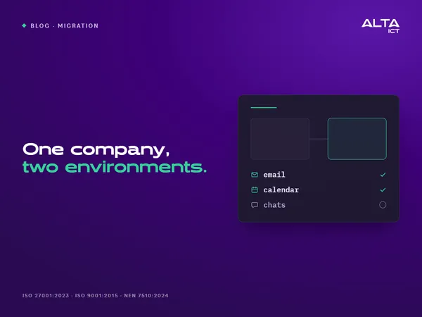 Two blocks side by side, connected by a line, with email and calendar ticked and chats marked with an open circle. Text: One company, two environments.