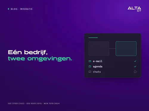 Twee blokken naast elkaar, verbonden door een lijn, met e-mail en agenda afgevinkt en chats met een open cirkel. Tekst: Eén bedrijf, twee omgevingen.