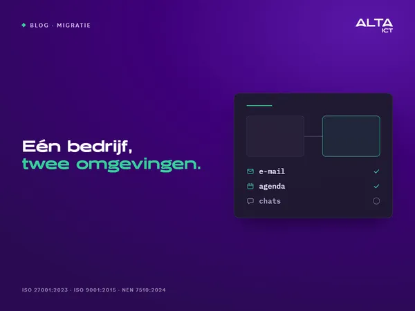 Twee blokken naast elkaar, verbonden door een lijn, met e-mail en agenda afgevinkt en chats met een open cirkel. Tekst: Eén bedrijf, twee omgevingen.