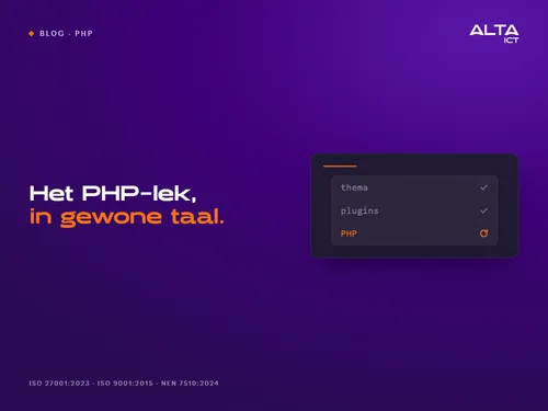 Afbeelding met een kaart met drie regels: thema en plugins afgevinkt, PHP uitgelicht met een vernieuwingsicoon. Tekst: Het PHP-lek, in gewone taal.