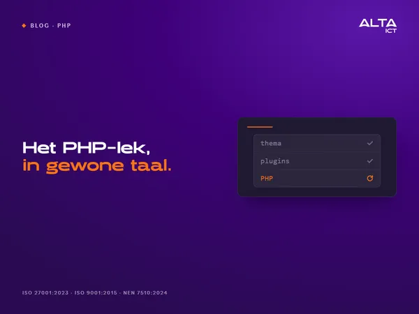 Afbeelding met een kaart met drie regels: thema en plugins afgevinkt, PHP uitgelicht met een vernieuwingsicoon. Tekst: Het PHP-lek, in gewone taal.